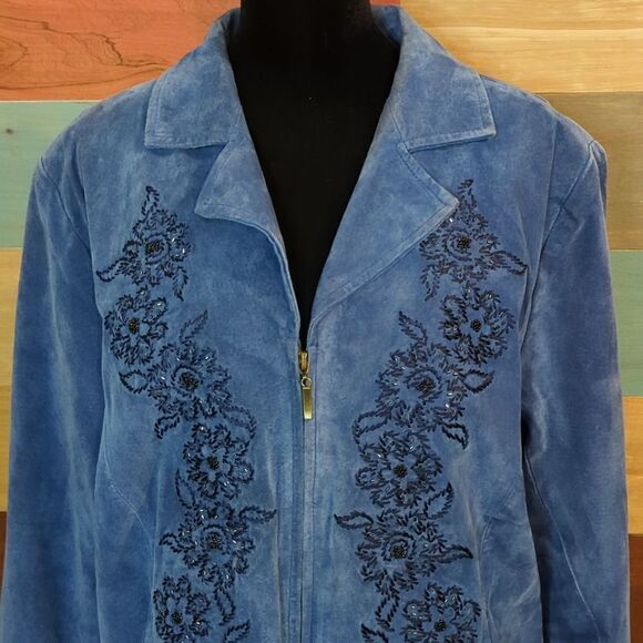1X 100% leather blue beaded Nolan Miller zip up jacket - Picture 2 of 9